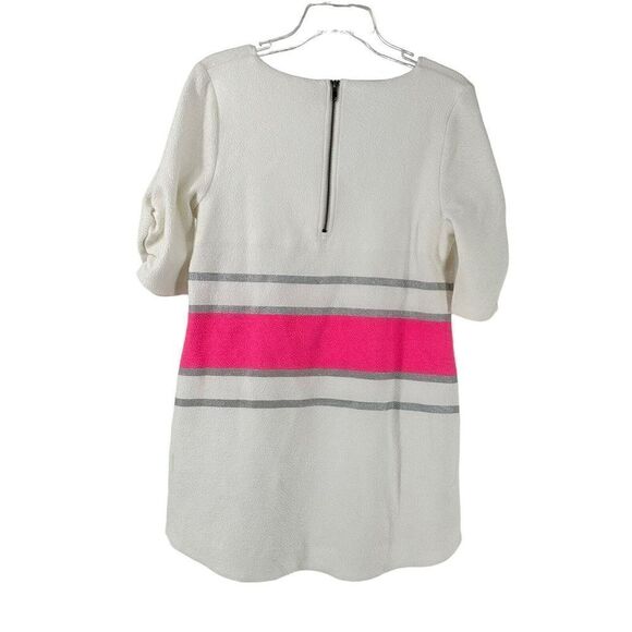Anthropologie Mini Dress Deletta White Pink Silver Ruched Size L V Neck Stretch - Picture 2 of 8